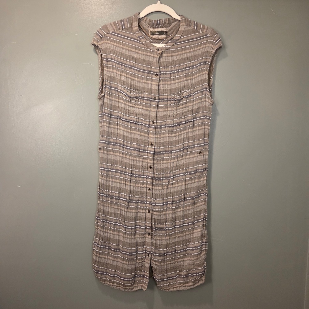 Prana Women's Buenos Dias Button Up Striped Shirt Dress Size L Cotton + Modal